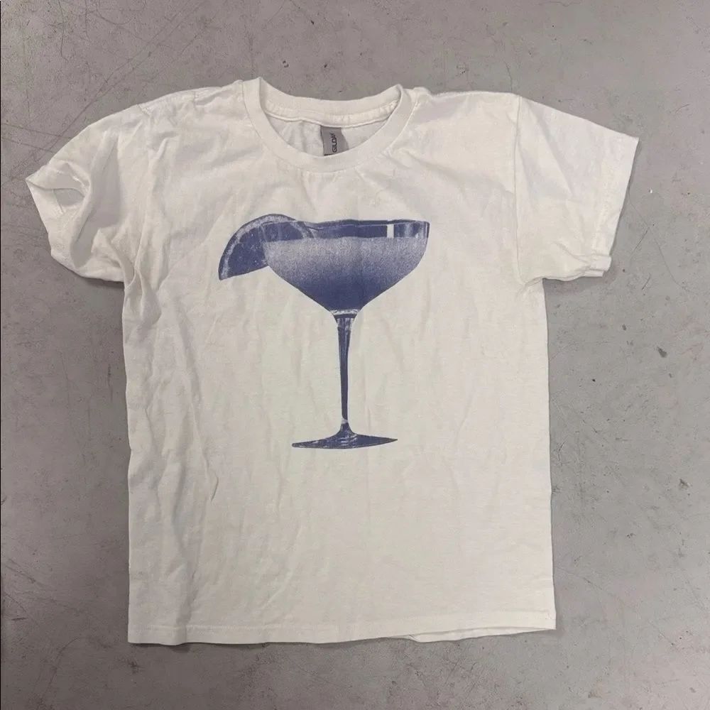 Gildan White Tee with Blue Cocktail Graphic Blue Martini Logo Size Small VINTAGE